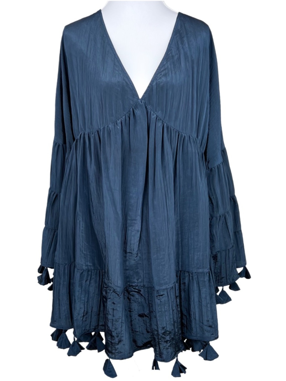 NWT MISA Los Angeles Mahtab Dress XS Navy Blue Tassel Boho Bell Sleeve Mini - Picture 3 of 8